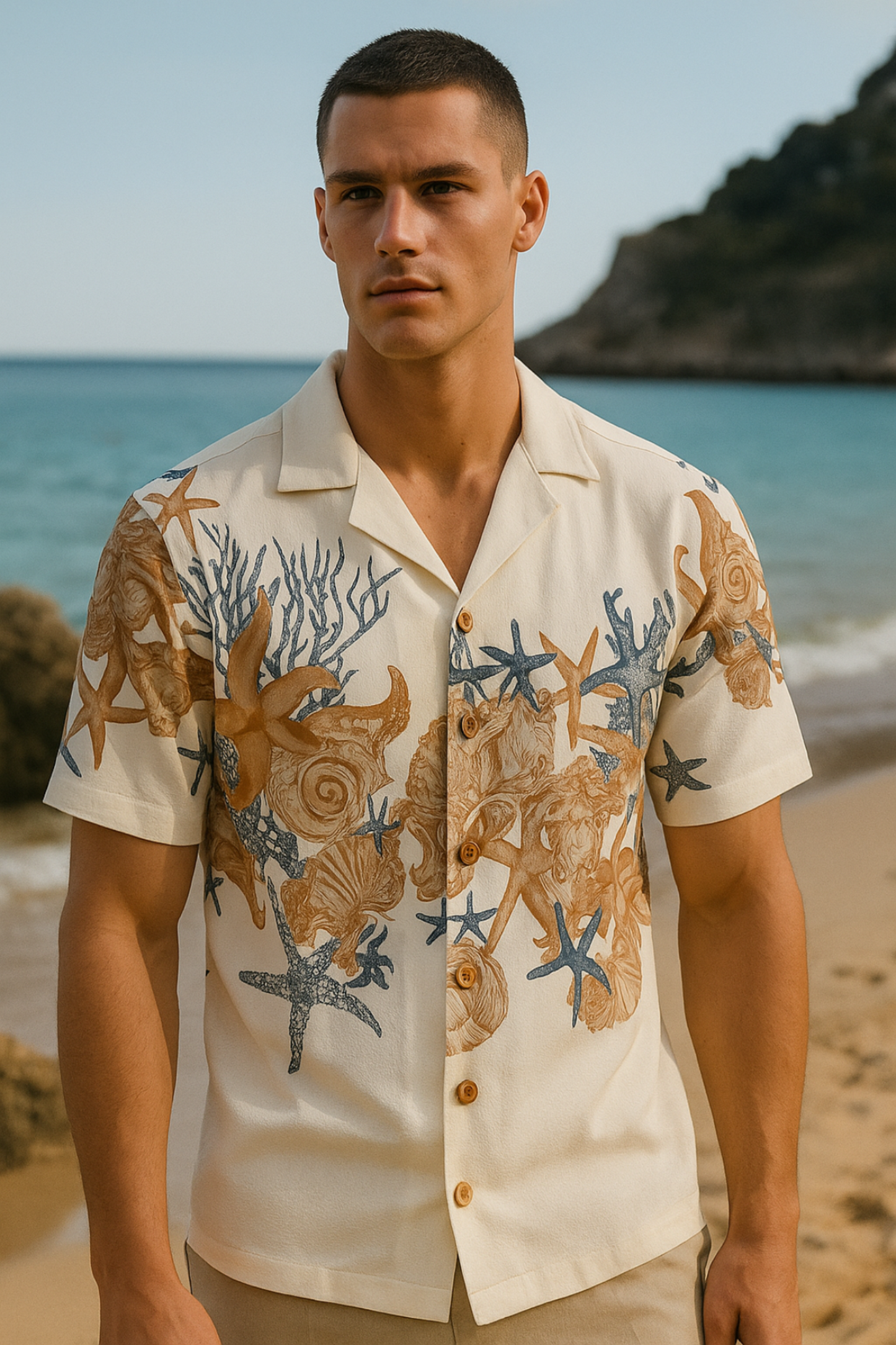 Coastal Renaissance Premium Resort Shirt – Starfish & Shell Print - Costa Moon